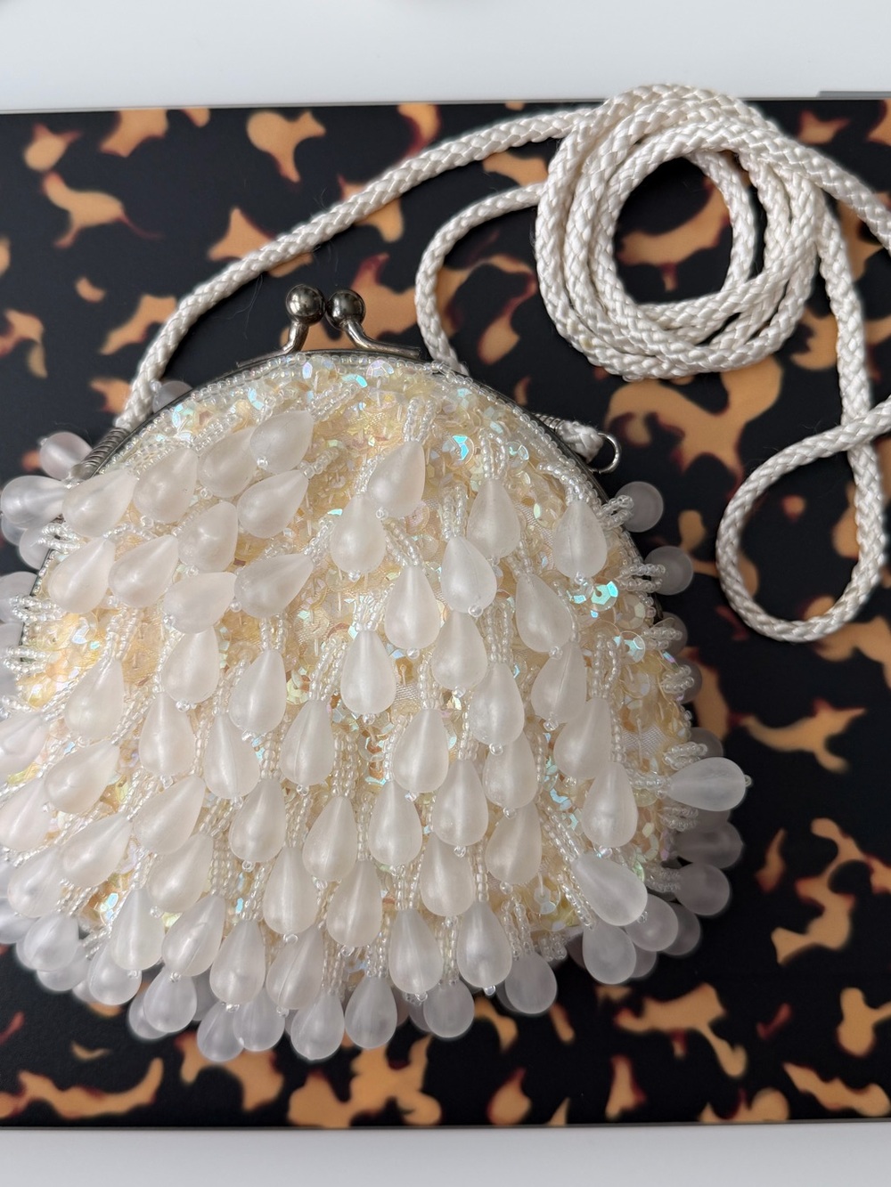 La Regale White Beaded Evening Bag Purse Iridescent Sequin Teardrop Fringe